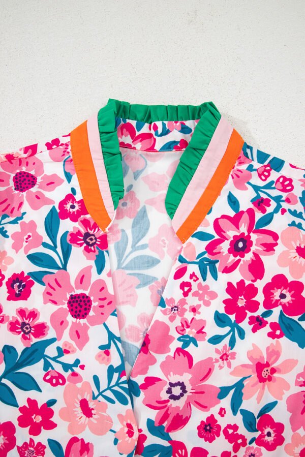 Pink Floral Print Contrast Striped Detail Short Sleeve Blouse