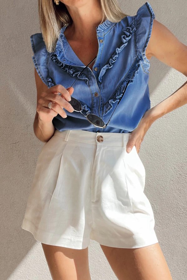 Sky Blue Mineral Wash Frilled Button Up Denim Shirt