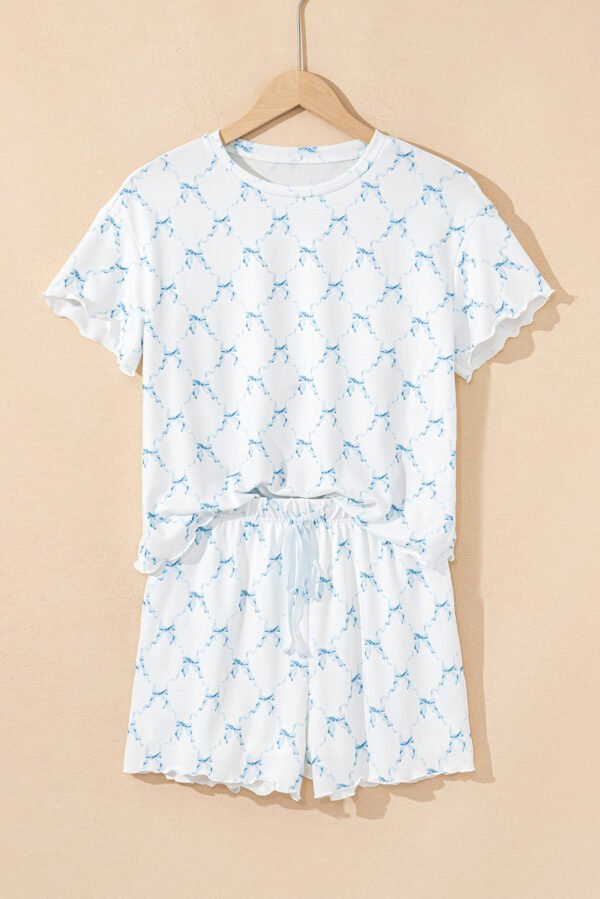 Sky Blue Bow Knot Geometric Print Lettuce Trim Two Piece Lounge Set