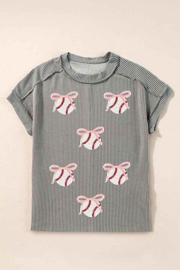 Medium Grey Twist Ribbed Sequined Bow Rugby Game Day Pattern Knit T Shirt