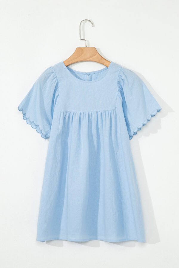 Beau Blue Solid Color Embroidered Scalloped Sleeves Crew Neck Blouse