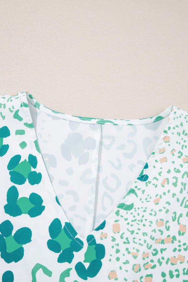 Green Mixed Leopard Print V Neck Short Sleeve Blouse