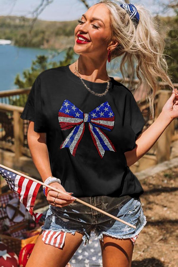 Black Rhinestone Stars and Stripes Bow Graphic Independence Day T Shirt