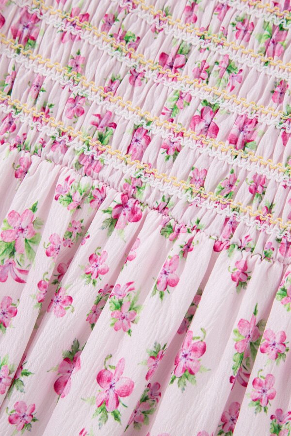 Pink Frilly Shirred Bodice Tiered Floral Maxi Dress