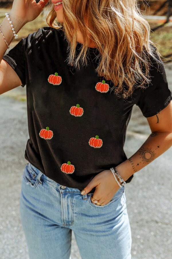 Black Chenille Pumpkin Patched Casual Cotton Blend T Shirt