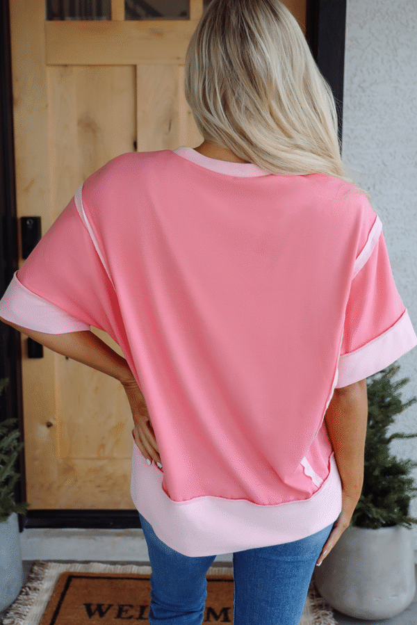 Peach Blossom Cowgirl Checkered Star Shape Print Exposed Seam T Shirt