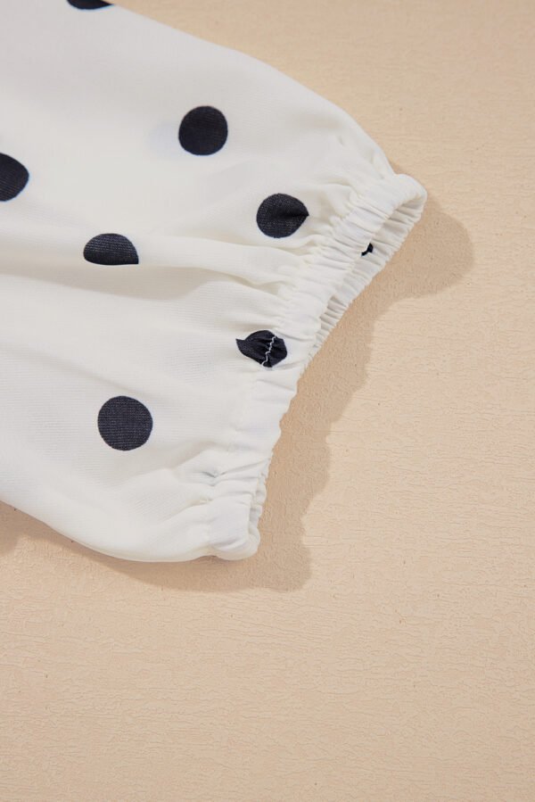 White Polka Dot Collared Lace up Font Puff Sleeve Peplum Top