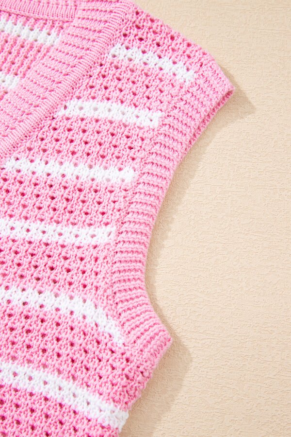 Pink Stripe V Neck Gold Buttons Elegant Sweater Vest