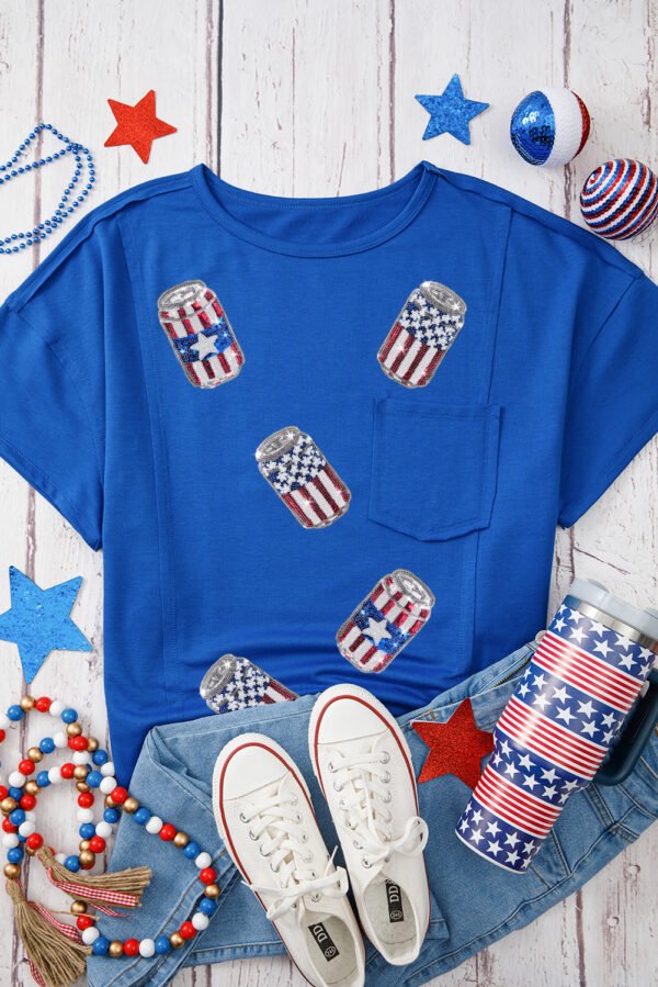 Blue Sequined American Flag Pop Can Pattern Oversized Tee