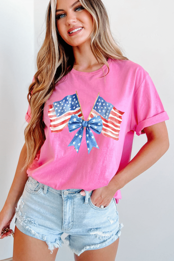 Sachet Pink Dual American Flag Bow Printed Casual T Shirt
