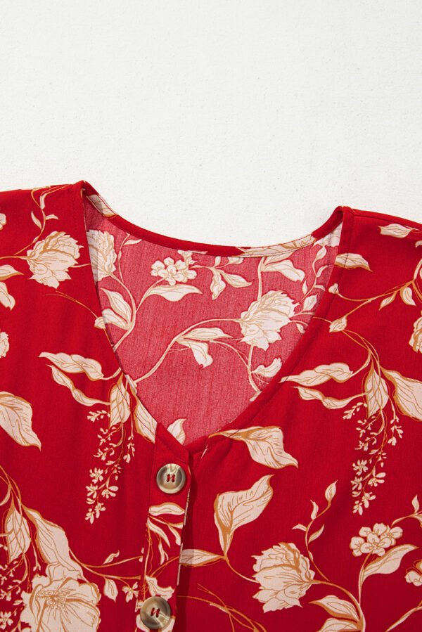 Red Floral Print Buttoned Front V Neck Tiered Short Sleeve Midi Dress