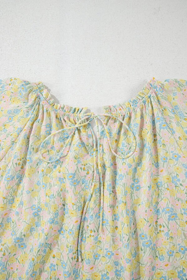 Green Floral Half Sleeve Frilled U Neck A-line Short Dress
