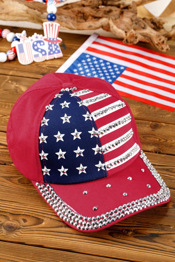 Fiery Red American Flag Rhinestone Decor Baseball Cap