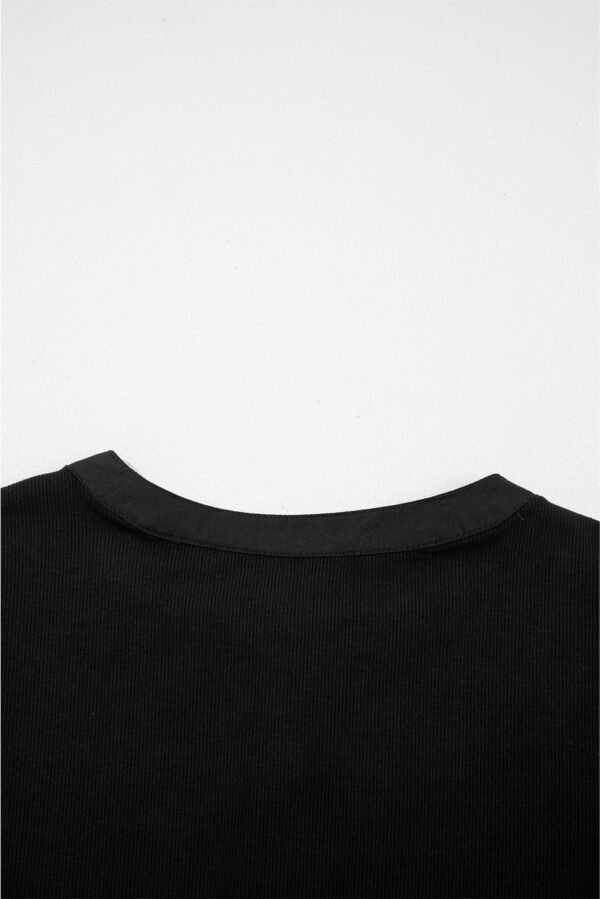 Black Ribbed Patchwork Puff Sleeve Half Button Placket Slim Fit Top