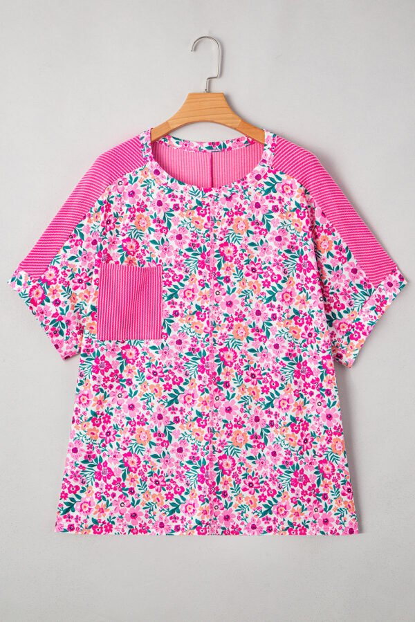 Pink Plus Size Floral Print Corded Patchwork Loose Top