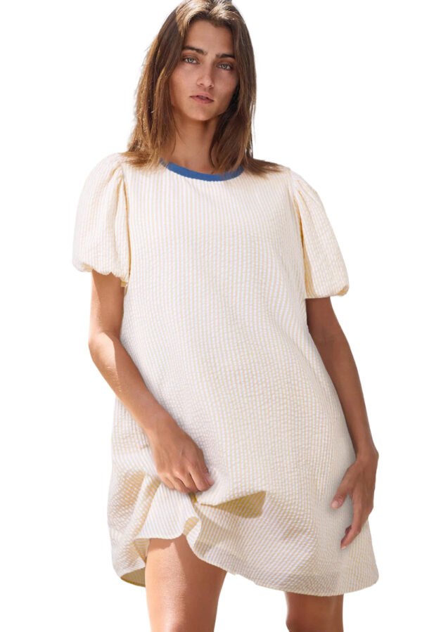 Beige Stripe Seersucker Contrast Round Neck Puff Sleeve T Shirt Dress