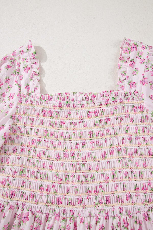 Pink Frilly Shirred Bodice Tiered Floral Maxi Dress