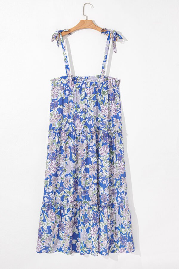 Sky Blue Floral Print Self-tie Straps Flowy Ruffle Long Dress