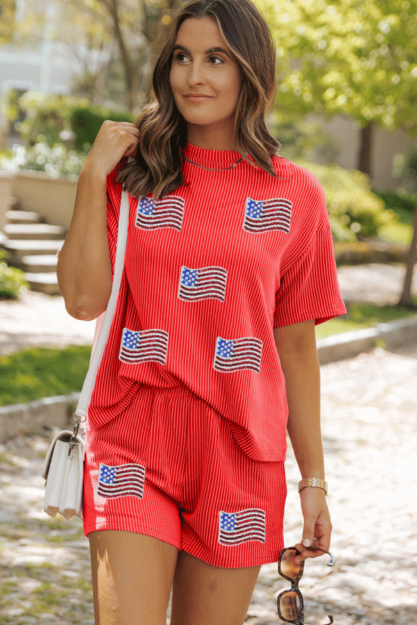Orange Sequined American Flag Twisted Rib Texture 2pcs Short Set