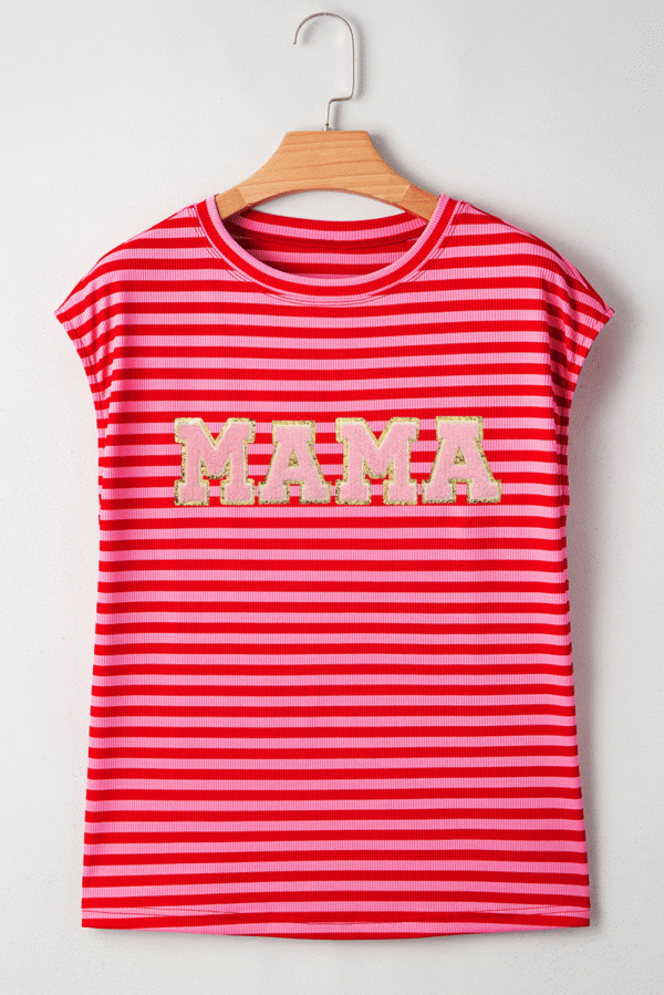 Red Stripe MAMA Graphic Cap Sleeve T Shirt