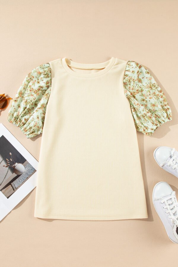 Beige Contrast Floral Bubble Sleeve Patchwork Ribbed Top