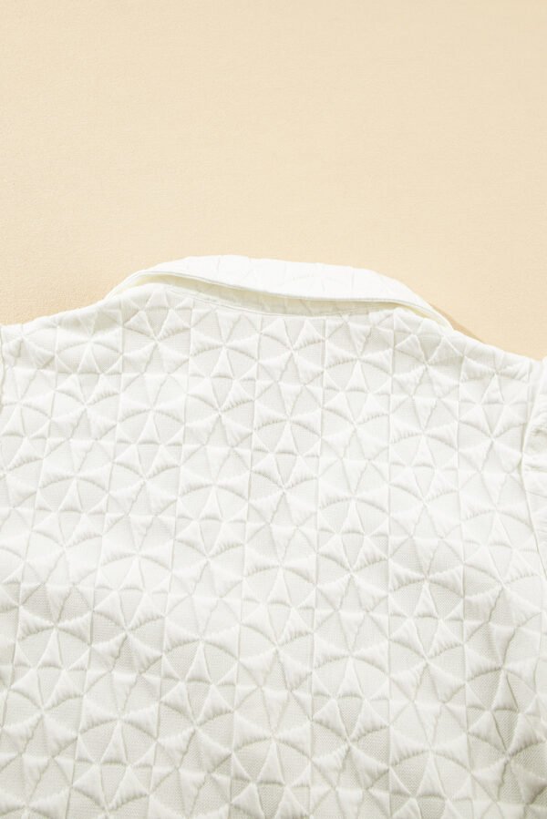 White Textured Puff Half Sleeve Collared V Neck Top