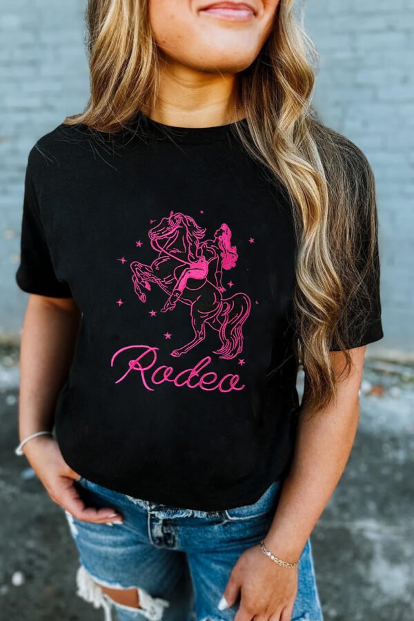 Black Cowgirl Rodeo Embroidered Pattern Western Fashion Tee