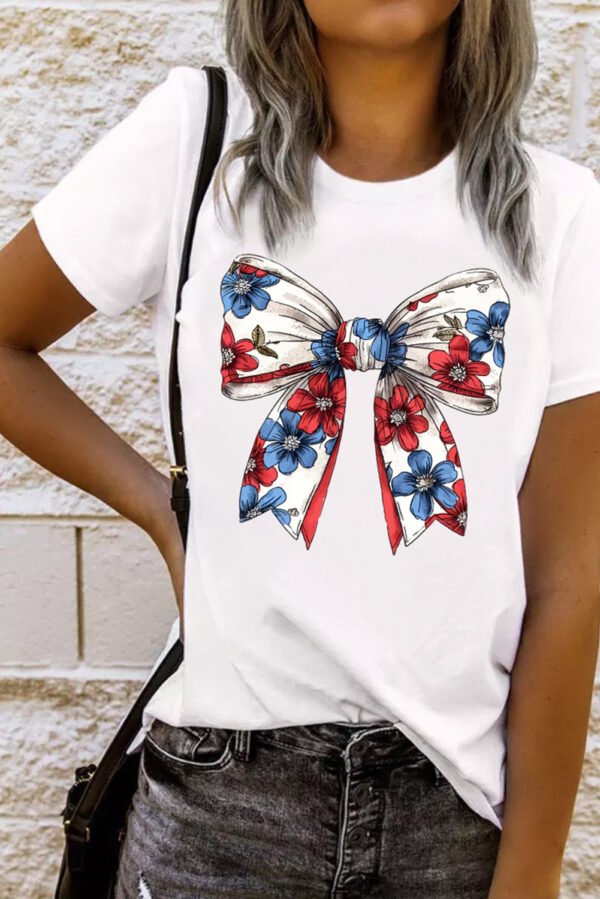 White July 4th Flower Bowknot Print Crew Neck T Shirt