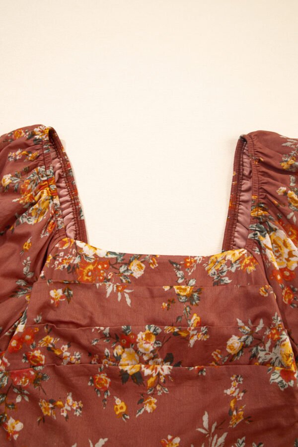 Red Floral Puff Sleeve Square Neck Knot Open Back Mini Dress
