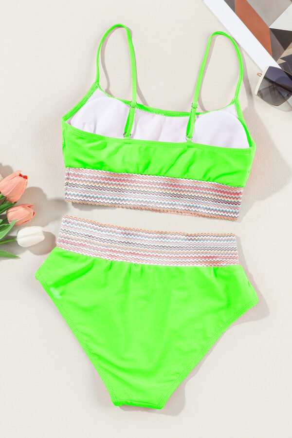 Green Striped Patchwork Spaghetti Strap High Waist Bikini Swimsuit