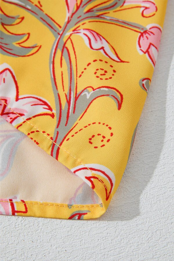 Yellow Floral Notched Neck Ruffled Sleeve Casual Blouse