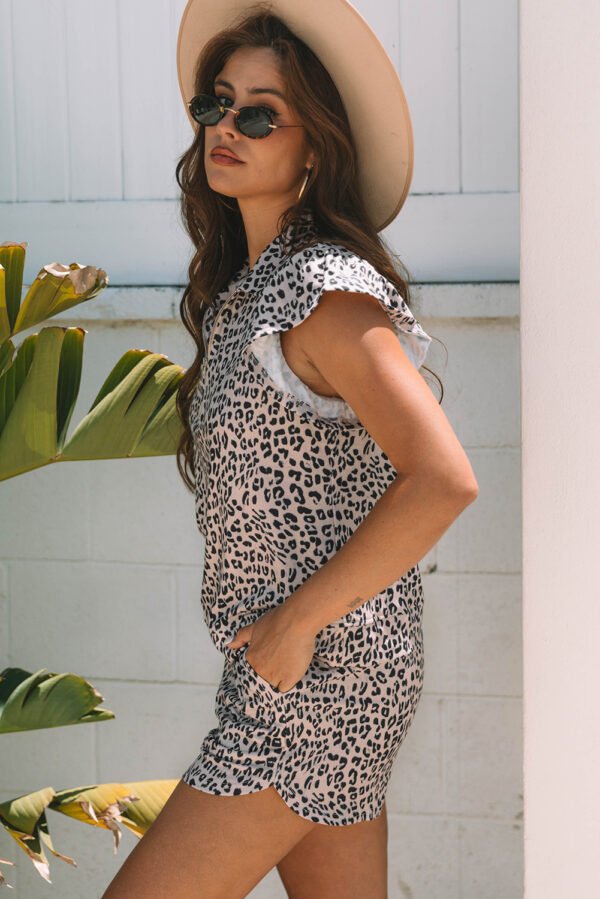 Brown Leopard Half Zipper Collared Ruffled Sleeve Top and Short Set