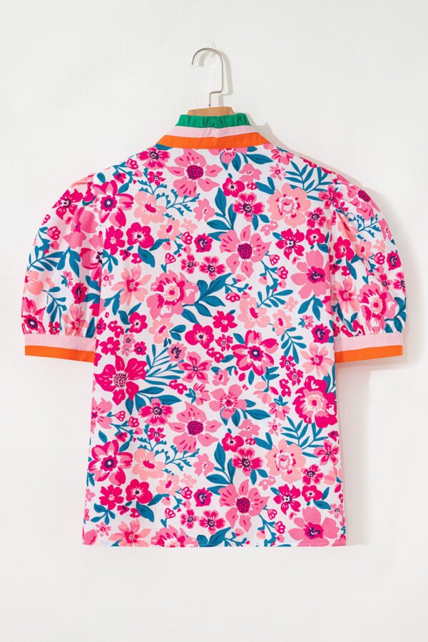 Pink Floral Print Contrast Striped Detail Short Sleeve Blouse