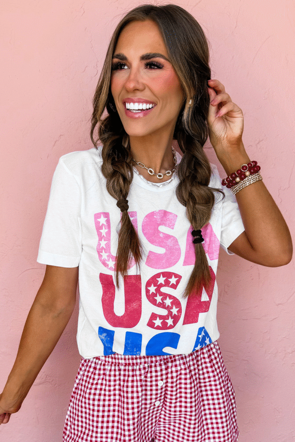 White USA Starry Letter Graphic Cotton Blend T Shirt