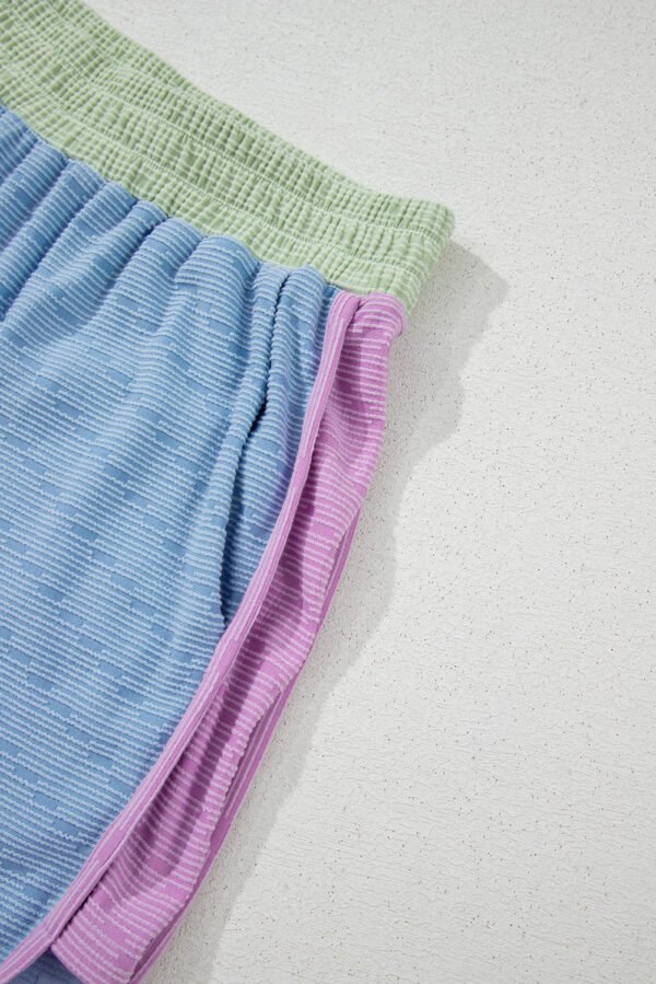 Beau Blue Corded Knit Contrast Trim Round Neck Cap Sleeve 2pcs Short Set