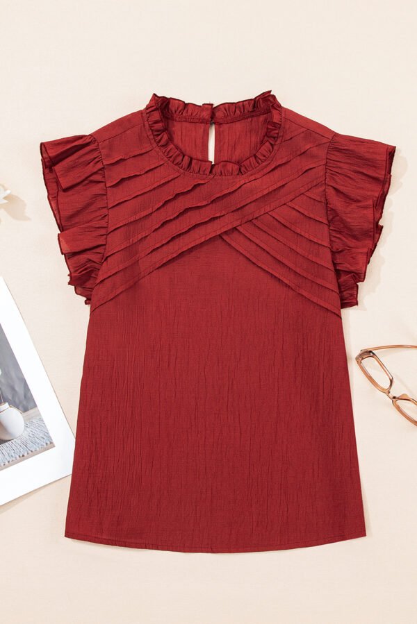 Red Dahlia Solid Color Pleated Detail Ruffle Short Sleeve Blouse