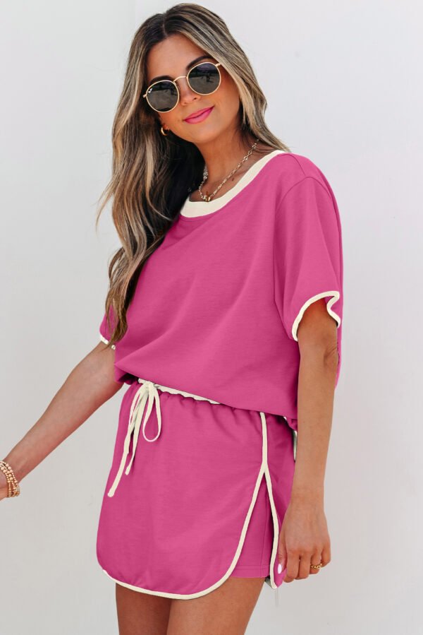 Rose Red Colorblock Edge Drop Shoulder T Shirt and Skort 2Pcs Set