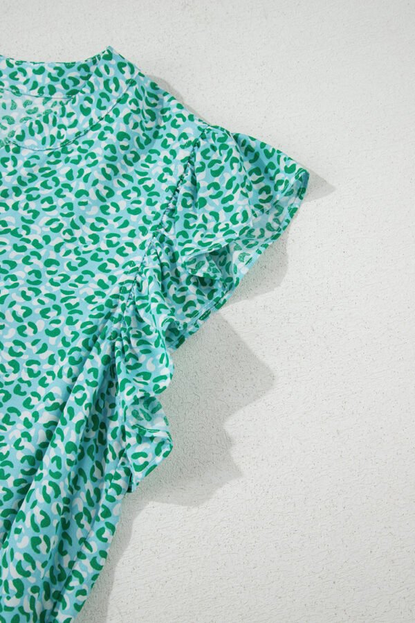 Green Notched V Neck Leopard Ruffle Short Sleeve Blouse