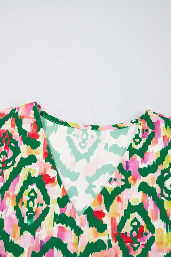 Green Abstract Print V Neck Short Sleeve Blouse