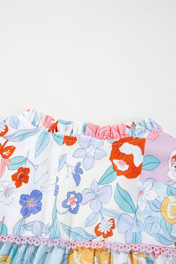 Pink Boho Flower Print Half Puff Sleeve Blouse