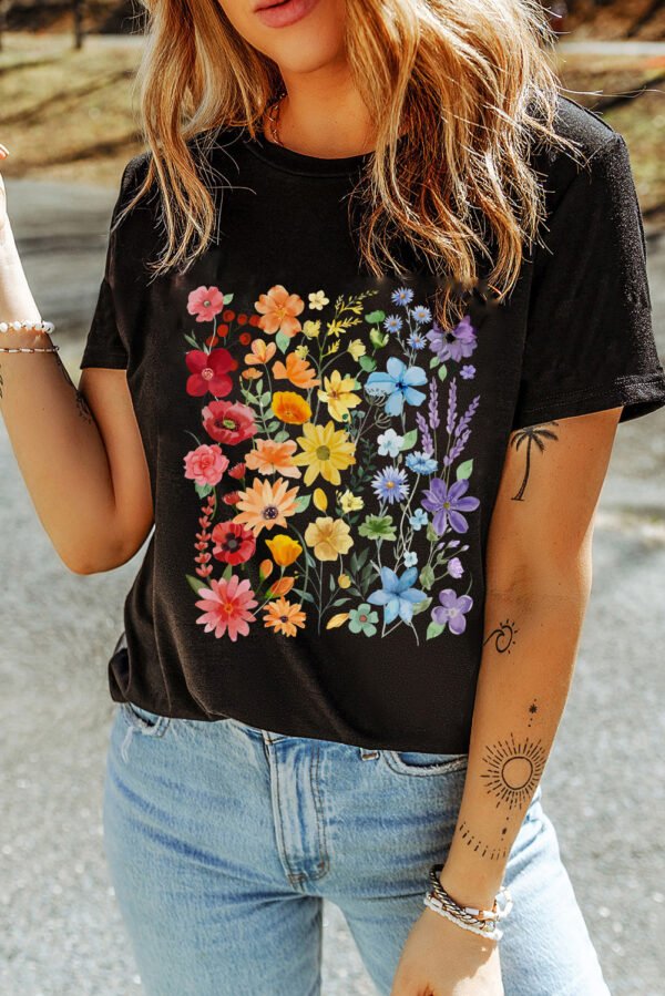 Black Beautiful Flower Print Cotton Blend Casual Tee