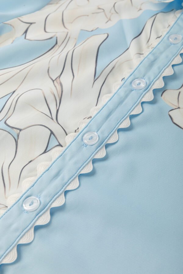 Sky Blue Floral Ric Rac Edge Puff Sleeve Button Up Summer Shirt