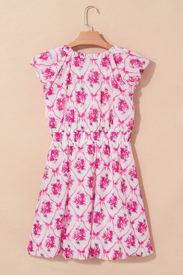 Multicolour Bow Lattice Floral Print V Neck Knot Decor Mini Dress