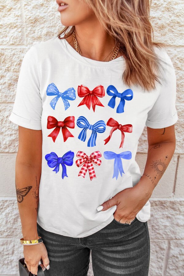 White USA Inspire Bow Print Crewneck Independence Day Tee