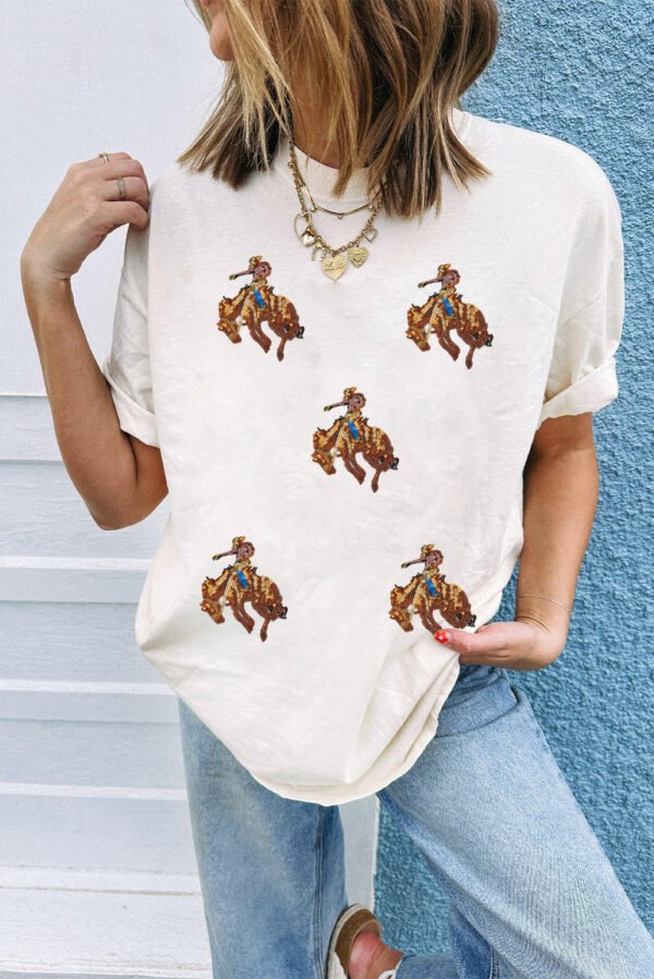 White Rodeo Patched Graphic Casual Round Neck Tee