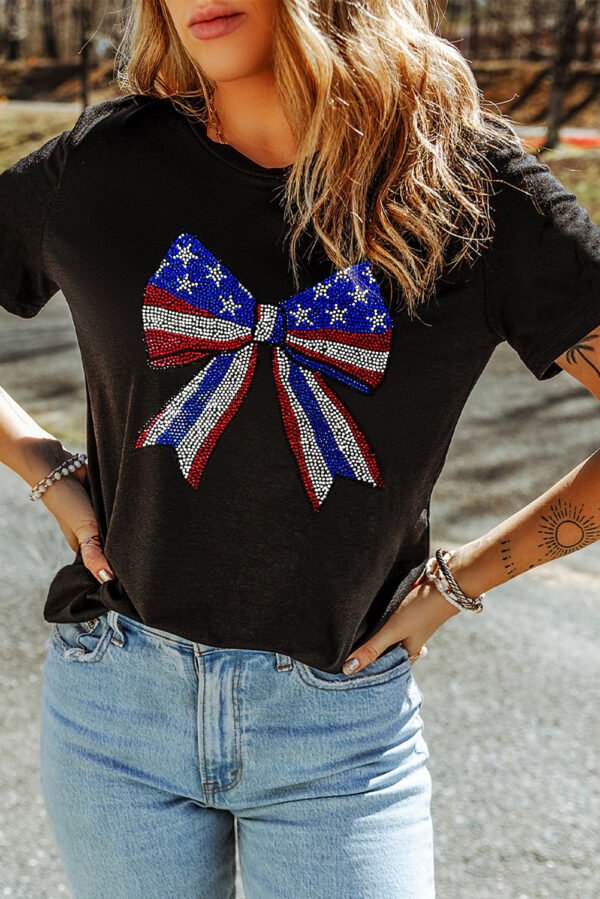 Black Rhinestone Stars and Stripes Bow Graphic Independence Day T Shirt