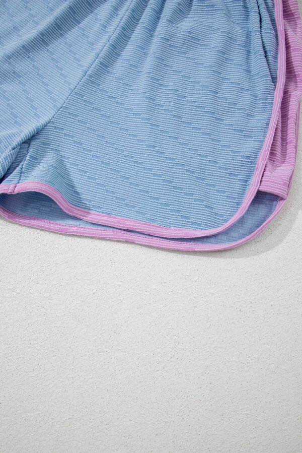 Beau Blue Corded Knit Contrast Trim Round Neck Cap Sleeve 2pcs Short Set