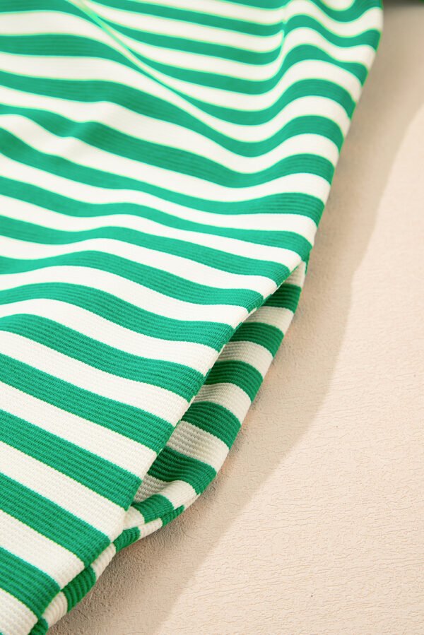 Green Stripe Print Contrast Collar Split Neck Flutter Sleeve Short Dress