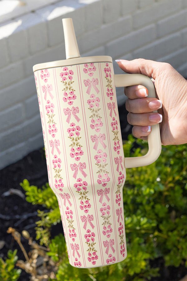 White Sweet Bow Flower Print Straw Insert Tumbler Cup 40oz