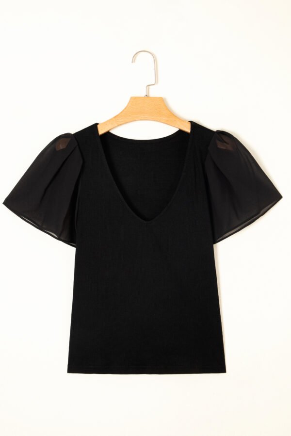 Black Mesh Ruffled Sleeve Slim Fit V Neck Top